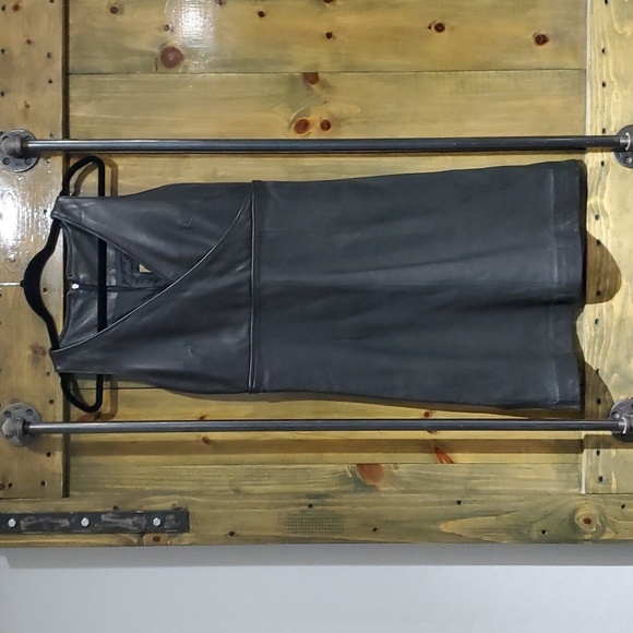 REM GARSON LITTLE BLACK LEATHER DRESS CLASSIC BOLD MOTO STATEMENT - Picture 1 of 10